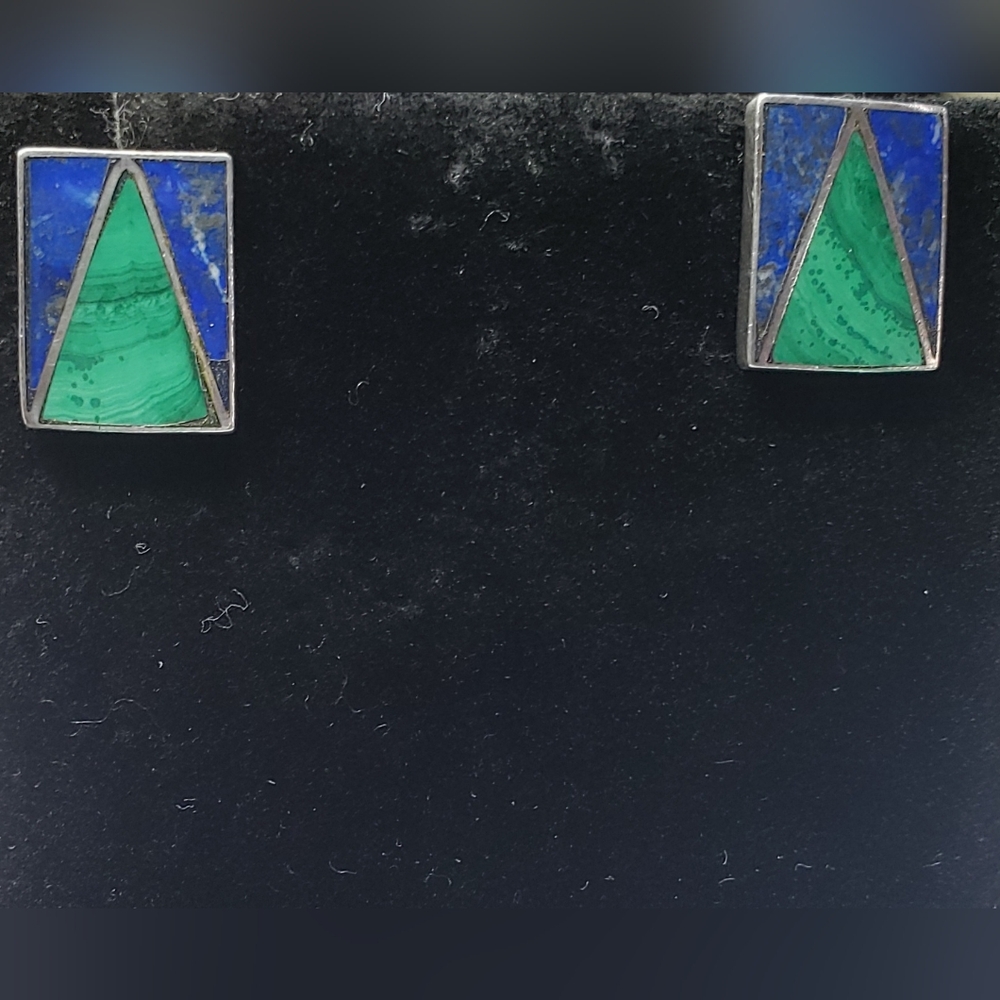 Rectangular Malachite /Lapis Inlay Vintage Sterli… - image 4